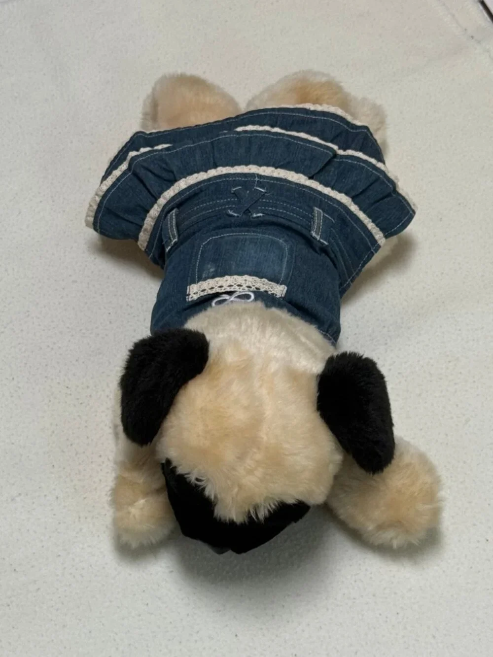 Cute Denim 2 Tier Ruffle w/ Lace Skirt Dog Dress w/ Pocket - Small / Medium